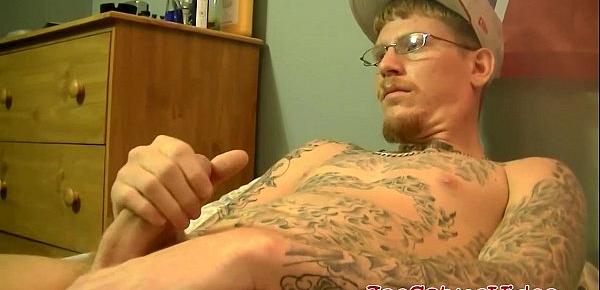  Tattoed Ivy jerks off his cock and drains his balls of cum